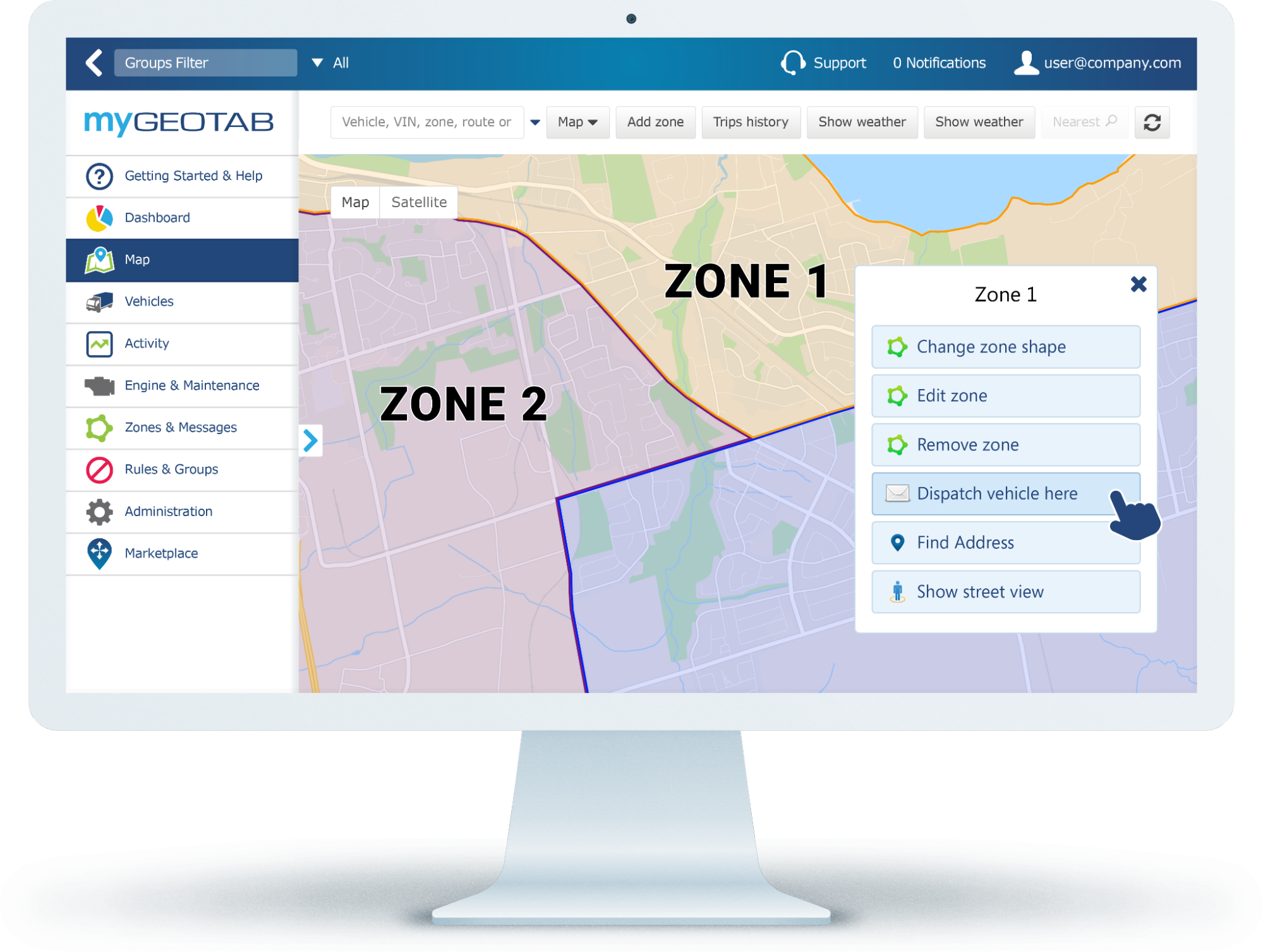 Software de gestión de flotas con geocercas: interfaz de MyGeotab mostrando un mapa con zonas delimitadas (Zona 1 y Zona 2) y opciones de edición para optimizar el seguimiento GPS de vehículos.